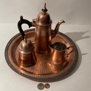 Vintage Metal Copper Tea Set On A Plate, 12" Wide